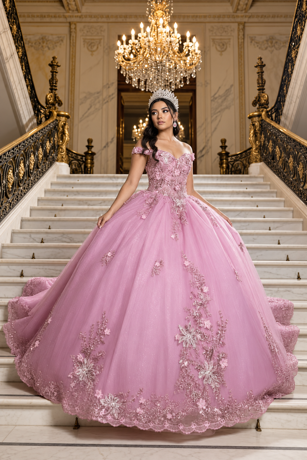 Luxurious Off The Shoulder Quinceañera Ball Gown with 3D Floral Appliqués Glitter Tulle Skirt by Layla K LK286