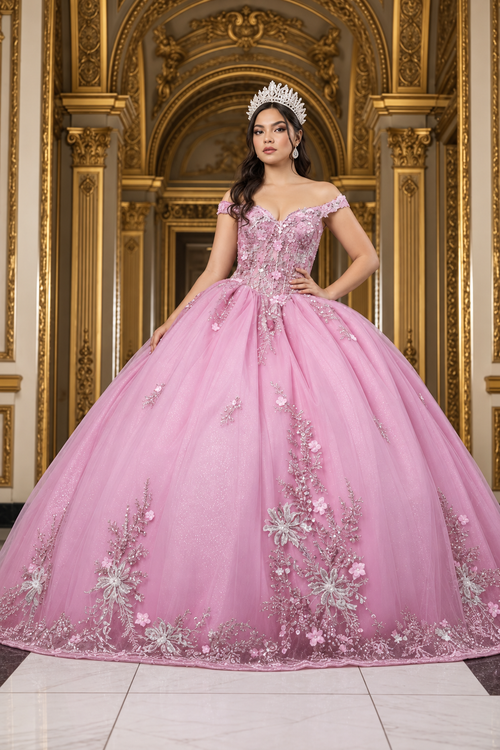 Luxurious Off The Shoulder Quinceañera Ball Gown with 3D Floral Appliqués Glitter Tulle Skirt by Layla K LK286