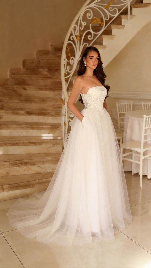 Off-White Strapless Corset A-Line Wedding Dress with Pockets and Sweep Train by Tina Holly TE713