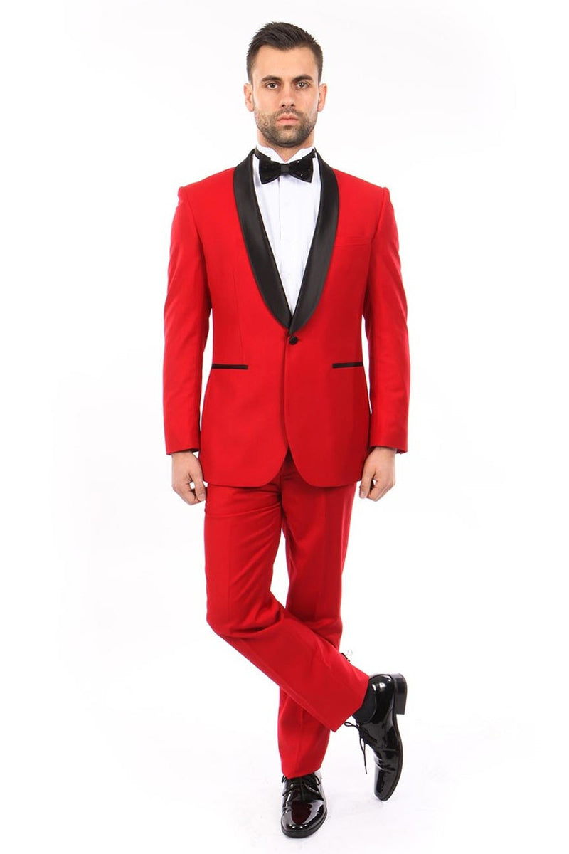 Esmoquin clásico entallado con solapa chal para hombre en rojo