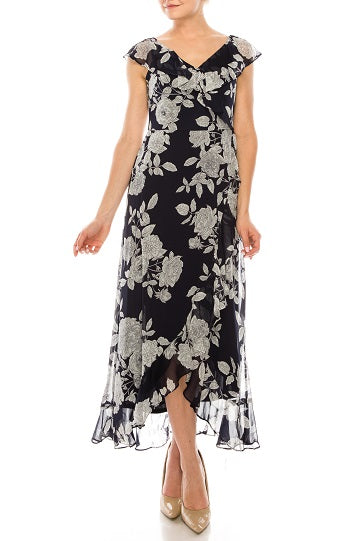 London Times T4521M Floral Print Ruffle Detail Maxi Dress with V-Neck, Cap Sleeve