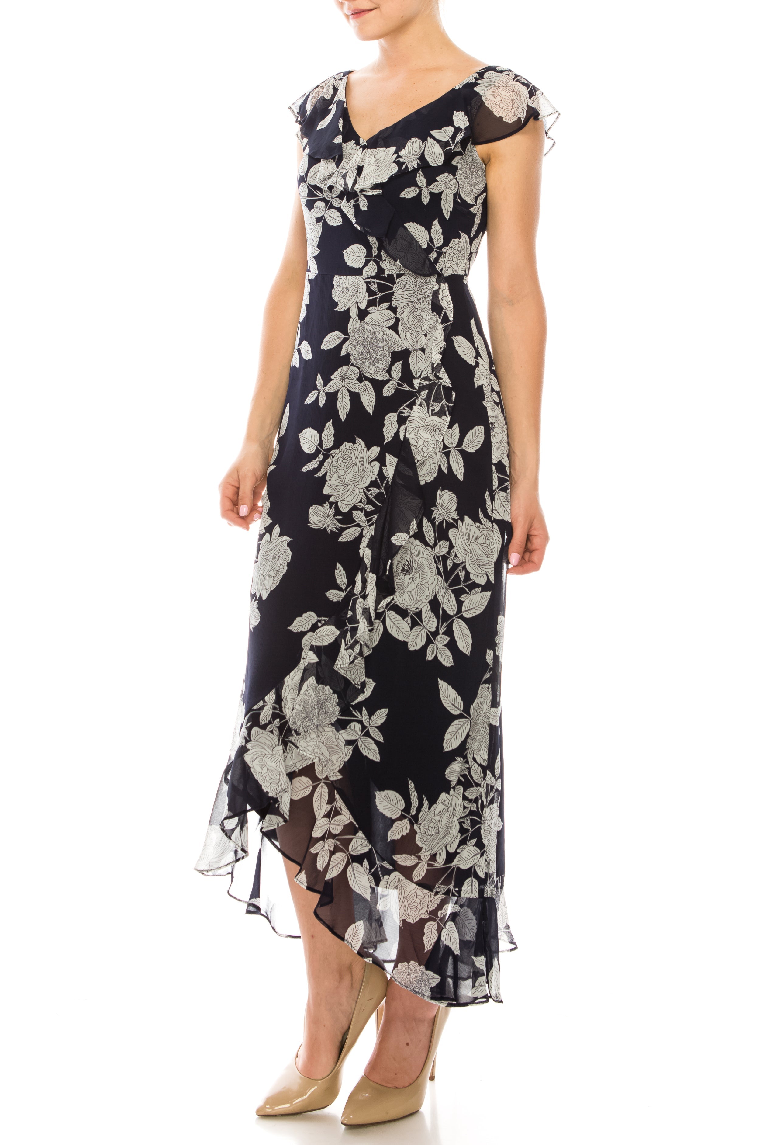 London Times T4521M Floral Print Ruffle Detail Maxi Dress with V-Neck, Cap Sleeve