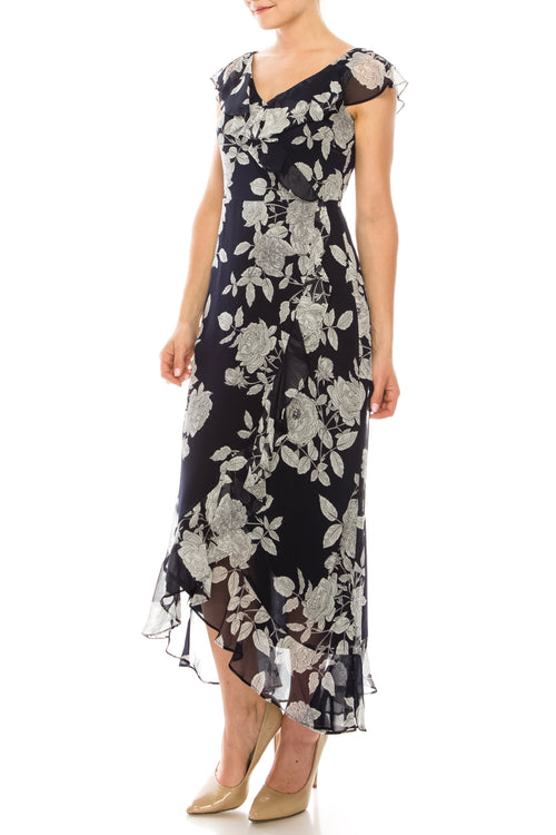 London Times T4521M Floral Print Ruffle Detail Maxi Dress with V-Neck, Cap Sleeve