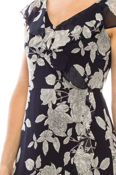 London Times T4521M Floral Print Ruffle Detail Maxi Dress with V-Neck, Cap Sleeve