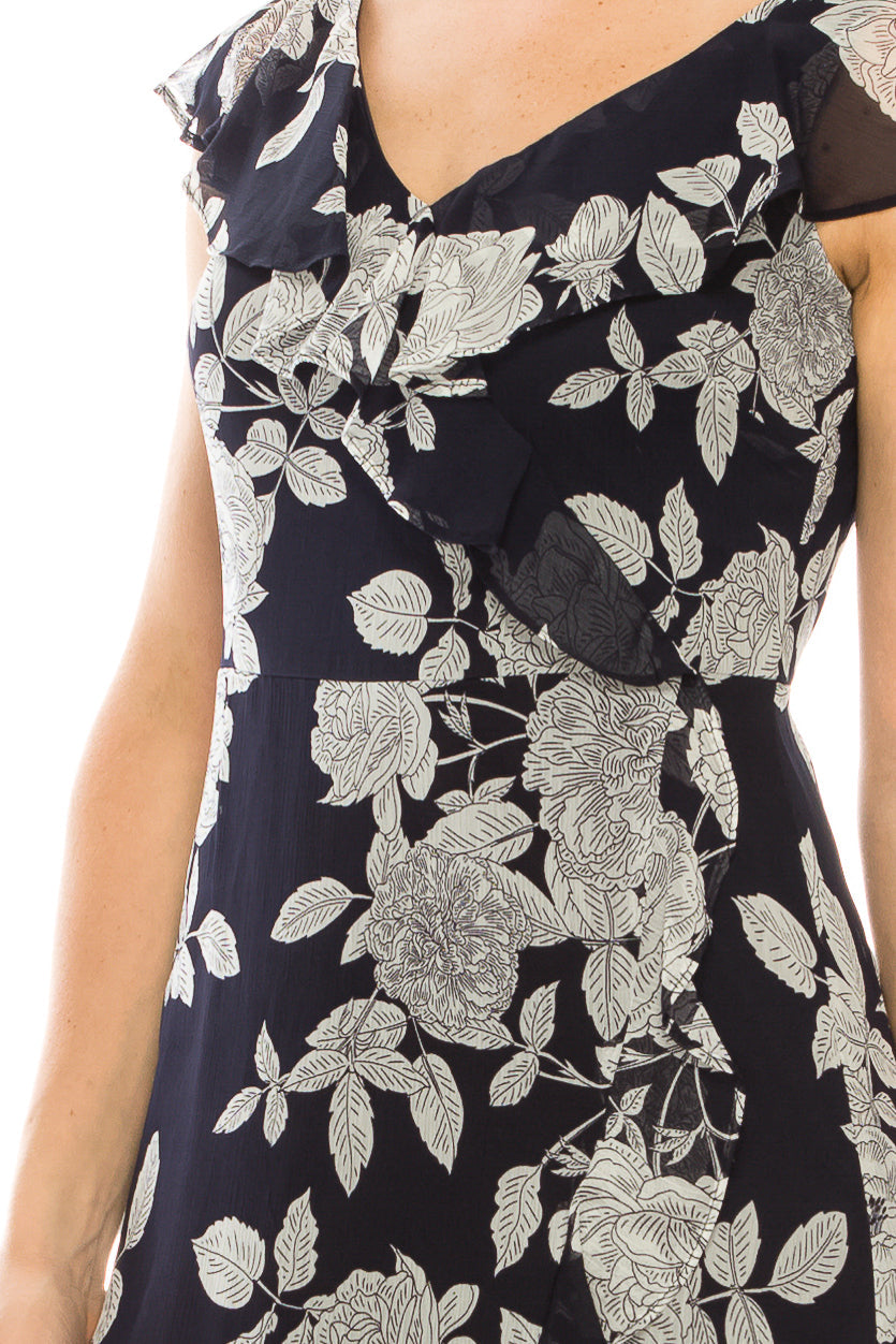 London Times T4521M Floral Print Ruffle Detail Maxi Dress with V-Neck, Cap Sleeve