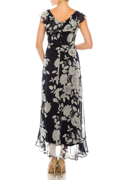 London Times T4521M Floral Print Ruffle Detail Maxi Dress with V-Neck, Cap Sleeve