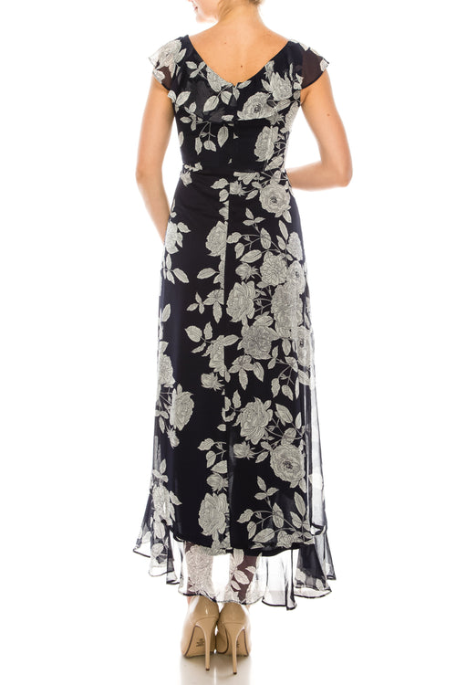 London Times T4521M Floral Print Ruffle Detail Maxi Dress with V-Neck, Cap Sleeve
