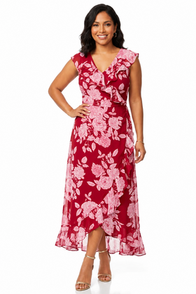 London Times T4521M Red White Floral Print Ruffle Detail Maxi Dress with V-Neck, Cap Sleeve