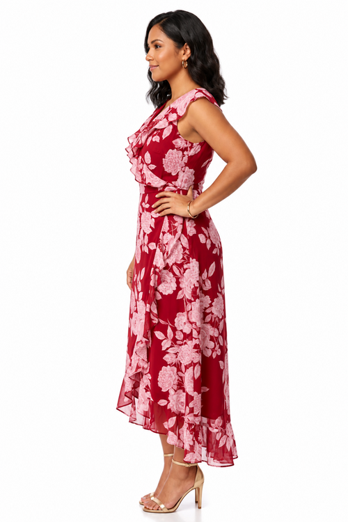 London Times T4521M Red White Floral Print Ruffle Detail Maxi Dress with V-Neck, Cap Sleeve
