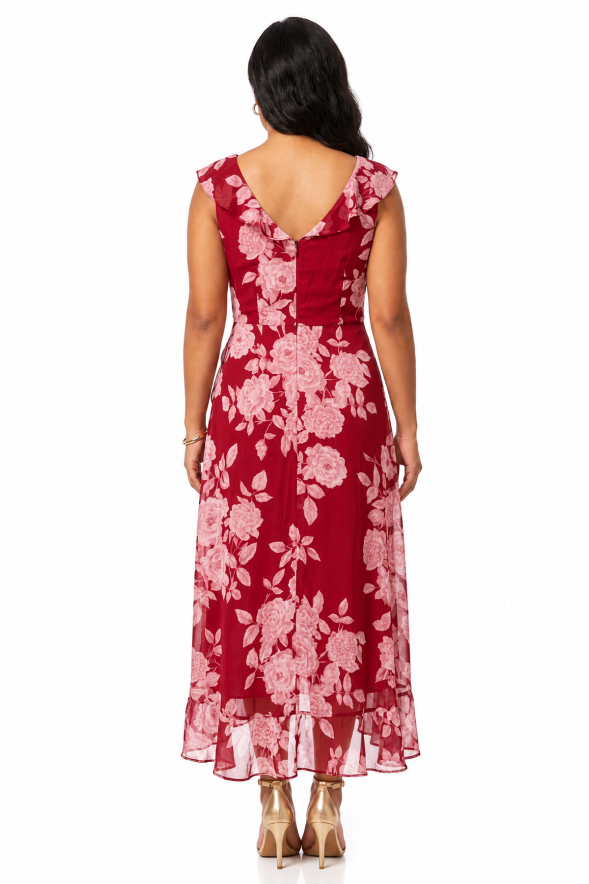 London Times T4521M Red White Floral Print Ruffle Detail Maxi Dress with V-Neck, Cap Sleeve