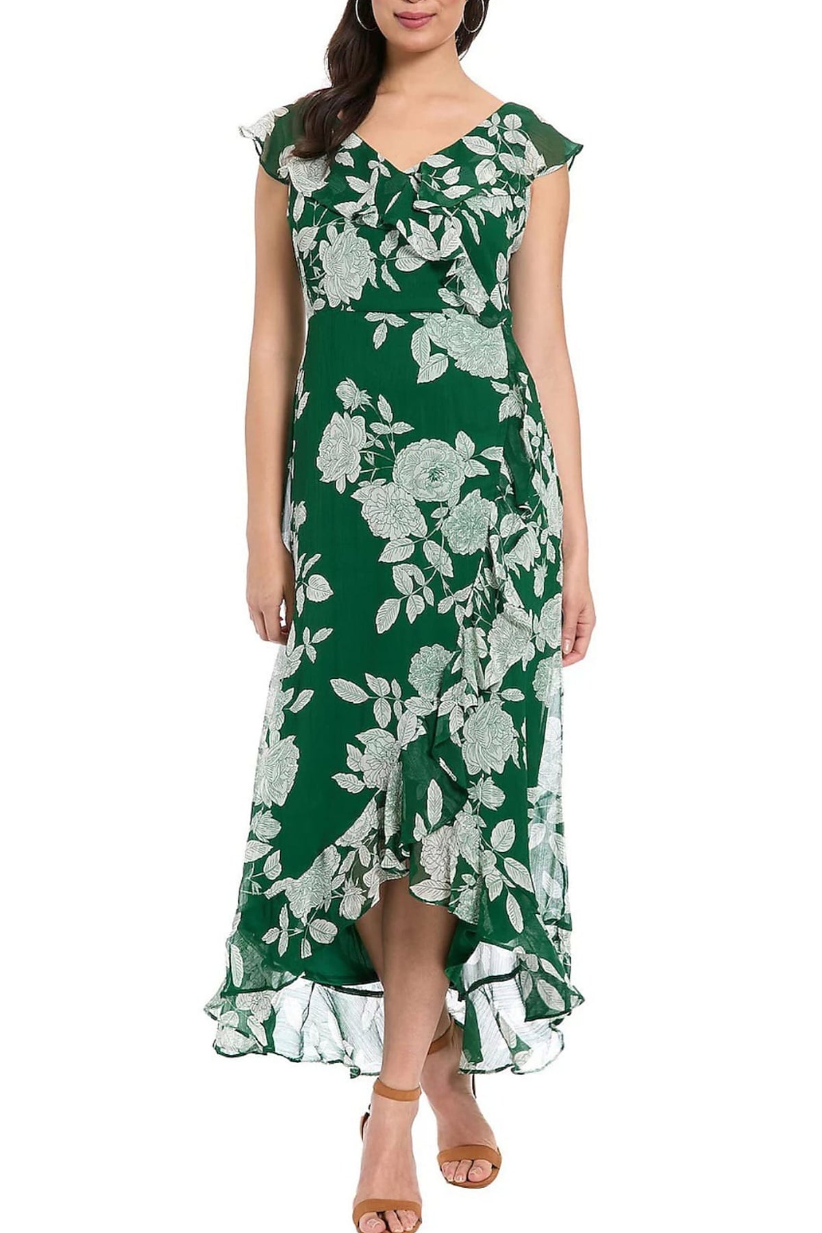 London Times T4521M Dark Green White Floral Print Ruffle Detail Maxi Dress with V-Neck, Cap Sleeve