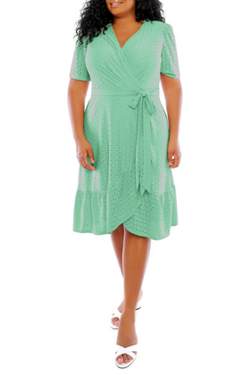 London Times T5649M Absinthe Green Short Sleeve Faux Wrap Midi Dress with Jersey, Fit-and-Flare