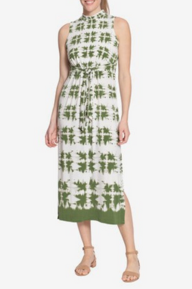 London Times T5694M Ivory Olive Ivory Navy Tie Dye Print Sleeveless Maxi Dress with Mock Neck, Stretch Jersey