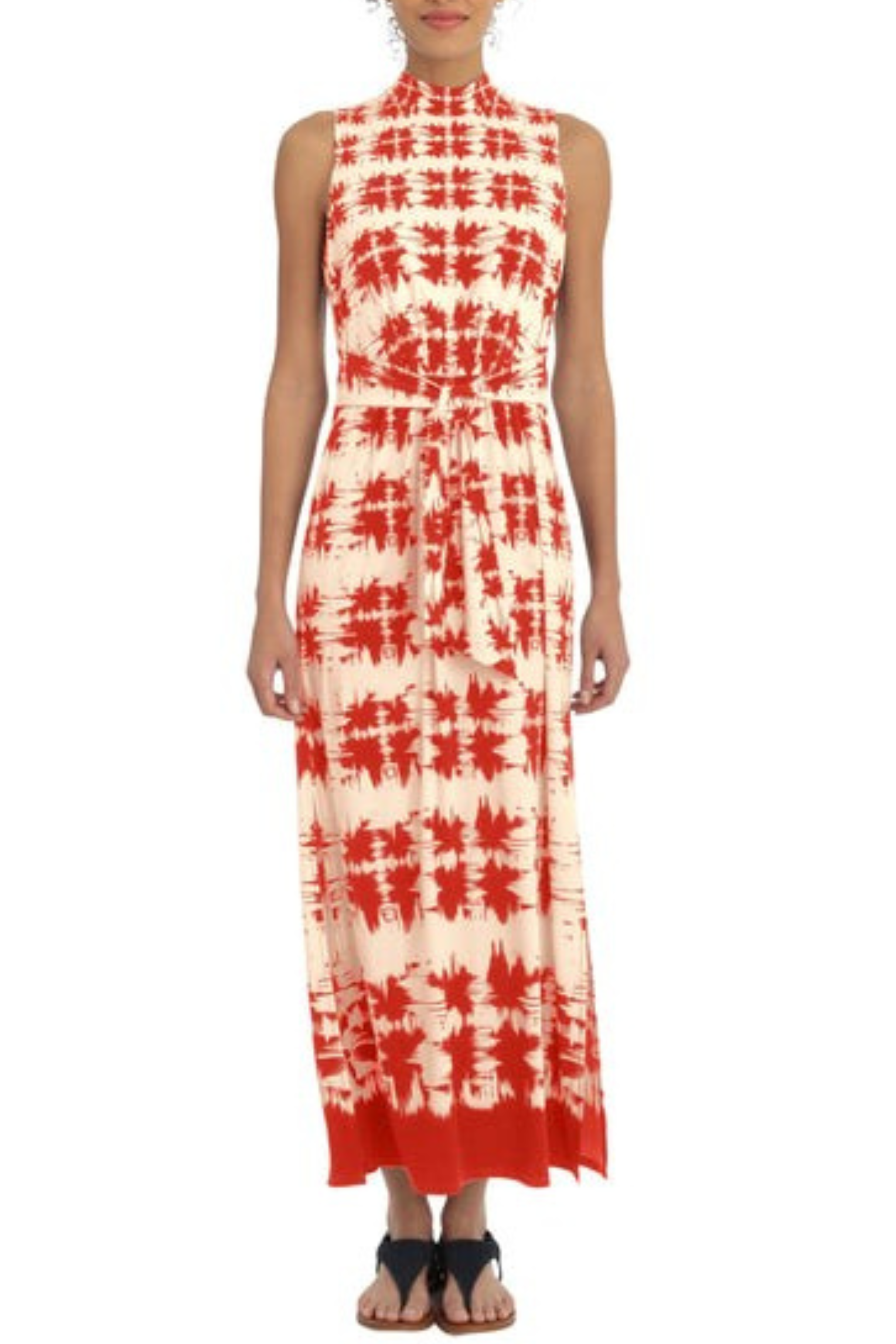 London Times T5694M Ivory Red Ivory Navy Tie Dye Print Sleeveless Maxi Dress with Mock Neck, Stretch Jersey