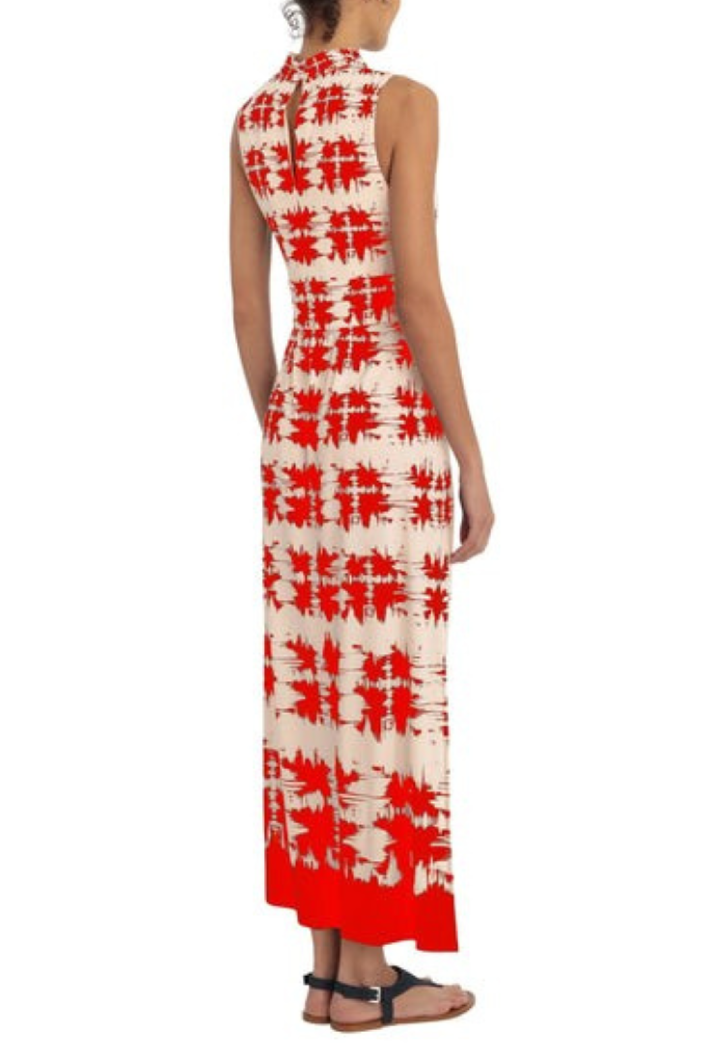 London Times T5694M Ivory Red Ivory Navy Tie Dye Print Sleeveless Maxi Dress with Mock Neck, Stretch Jersey