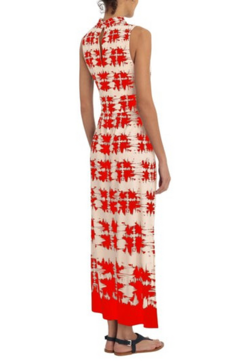 London Times T5694M Ivory Red Ivory Navy Tie Dye Print Sleeveless Maxi Dress with Mock Neck, Stretch Jersey