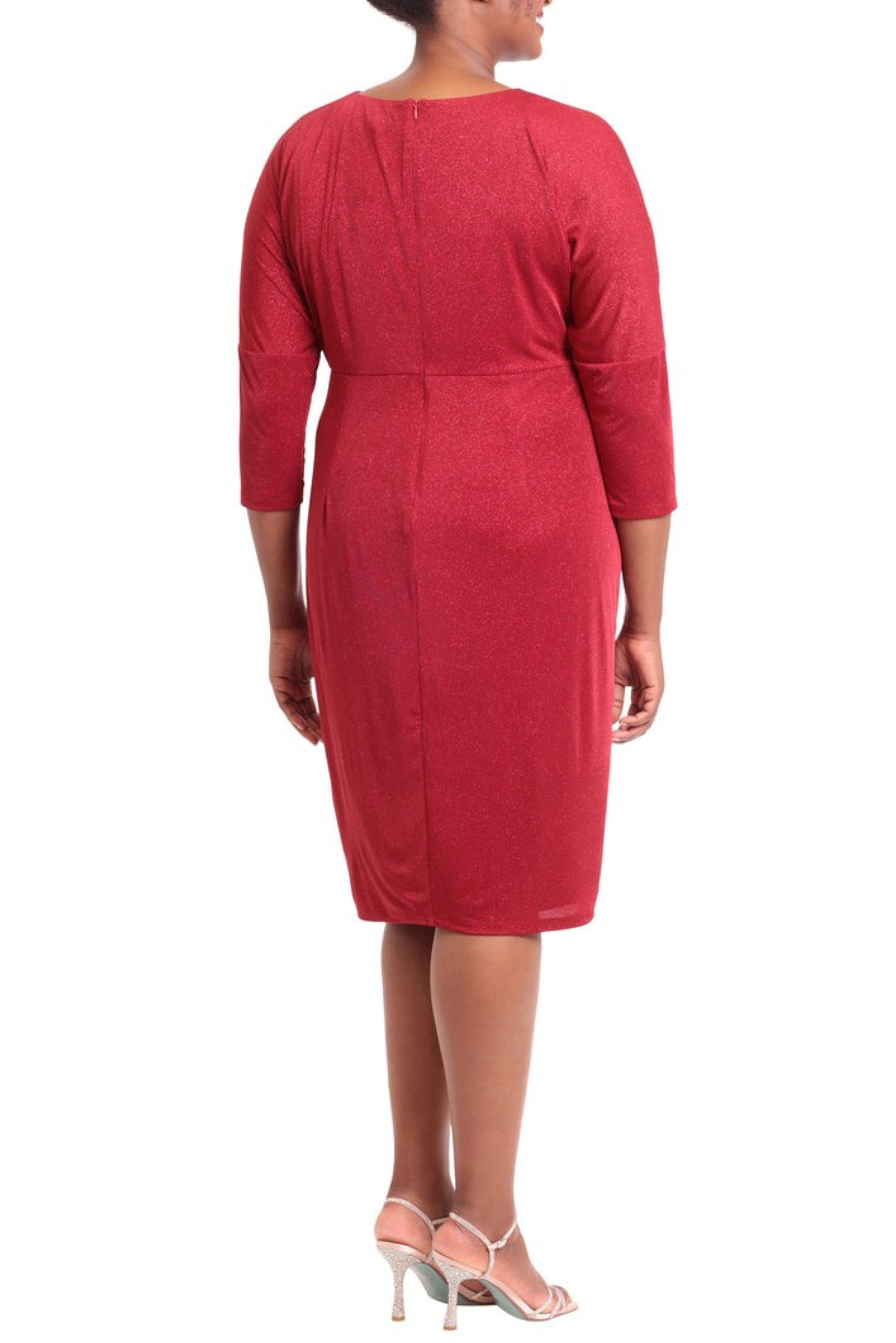 London Times T5978M Red Dahlia 3/4 Sleeve Shimmer Sheath Midi Dress with Jewel Neck, Shimmer Jersey