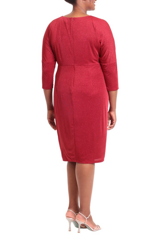 London Times T5978M Red Dahlia 3/4 Sleeve Shimmer Sheath Midi Dress with Jewel Neck, Shimmer Jersey