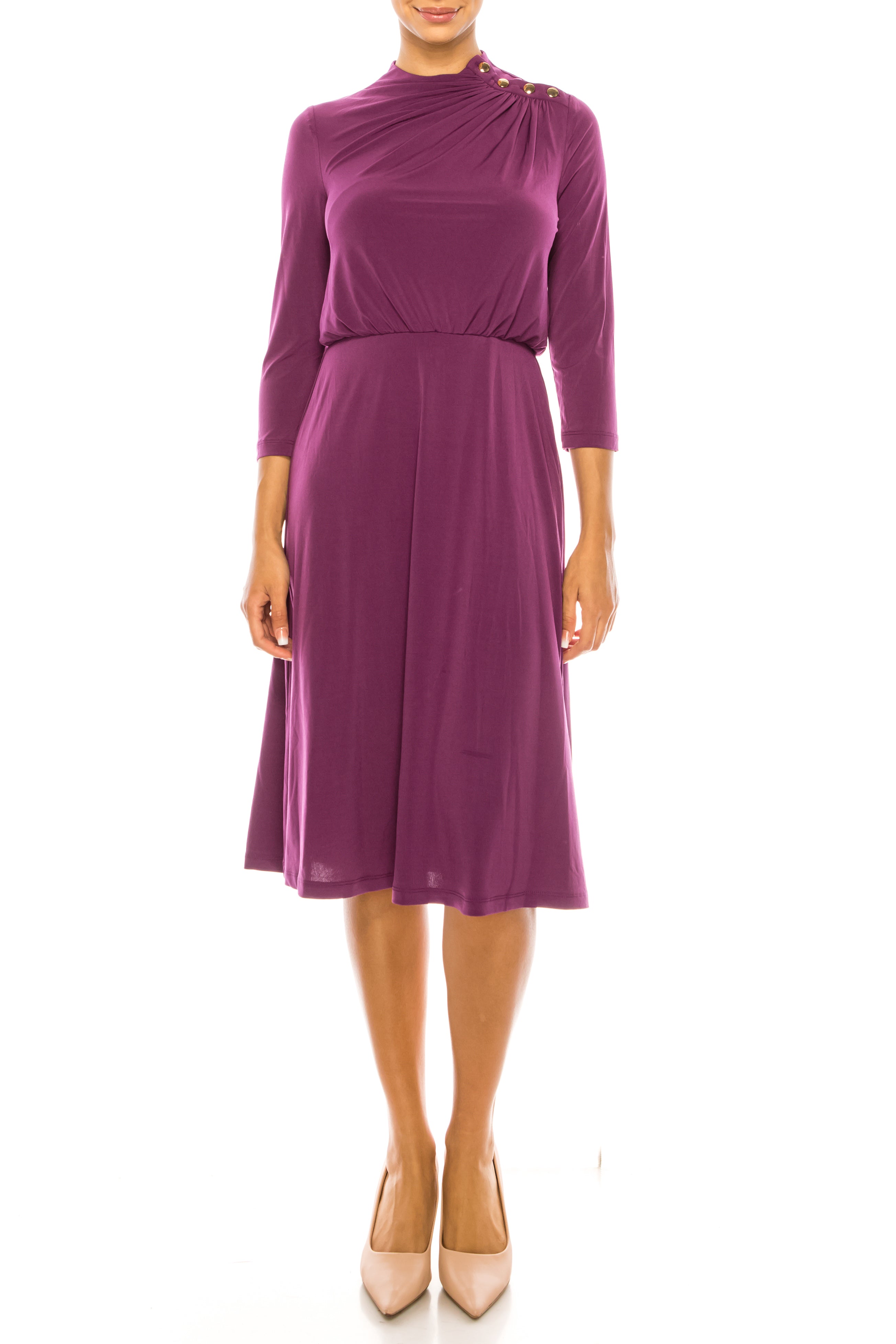 London Times T6003M Purple Pasion 3/4 Sleeve Mock Neck A-Line Midi Dress