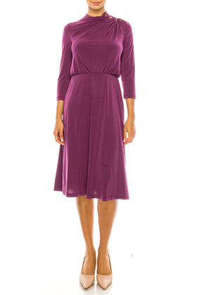 London Times T6003M Purple Pasion 3/4 Sleeve Mock Neck A-Line Midi Dress