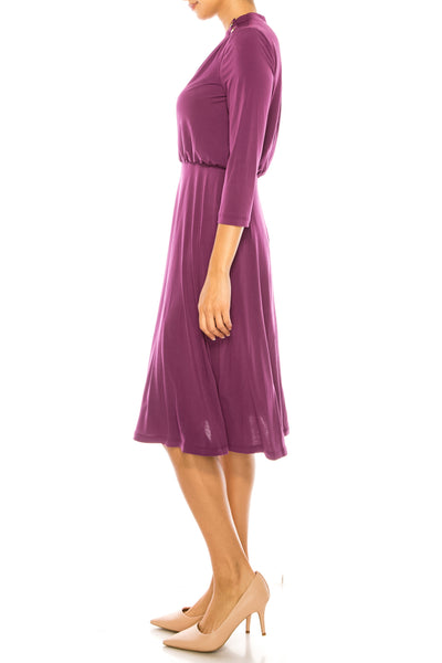 London Times T6003M Purple Pasion 3/4 Sleeve Mock Neck A-Line Midi Dress