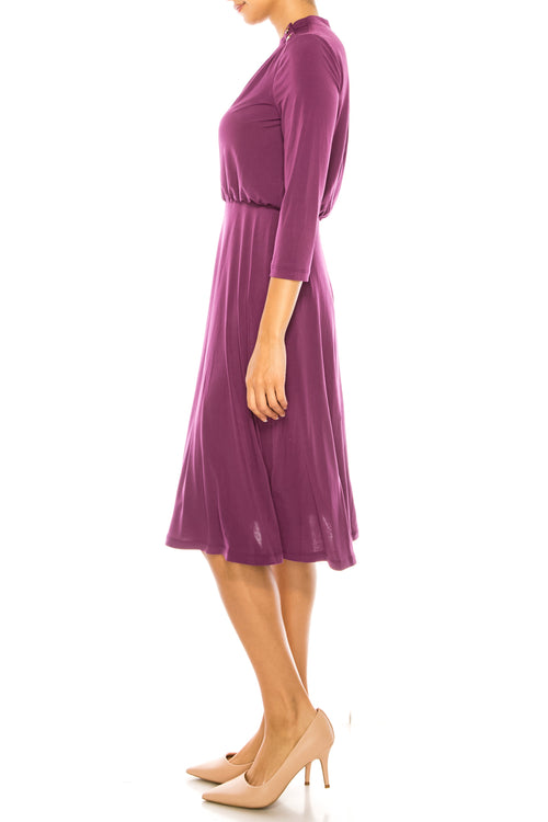 London Times T6003M Purple Pasion 3/4 Sleeve Mock Neck A-Line Midi Dress