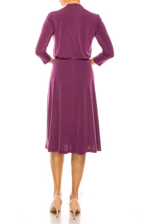 London Times T6003M Purple Pasion 3/4 Sleeve Mock Neck A-Line Midi Dress