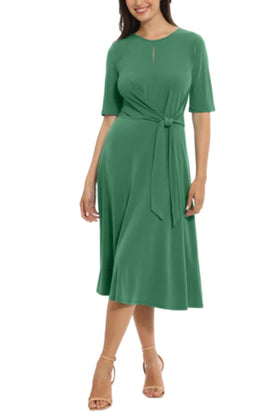London Times T6029M Green Keyhole Detail A-Line Midi Dress with Round Neck, Jersey