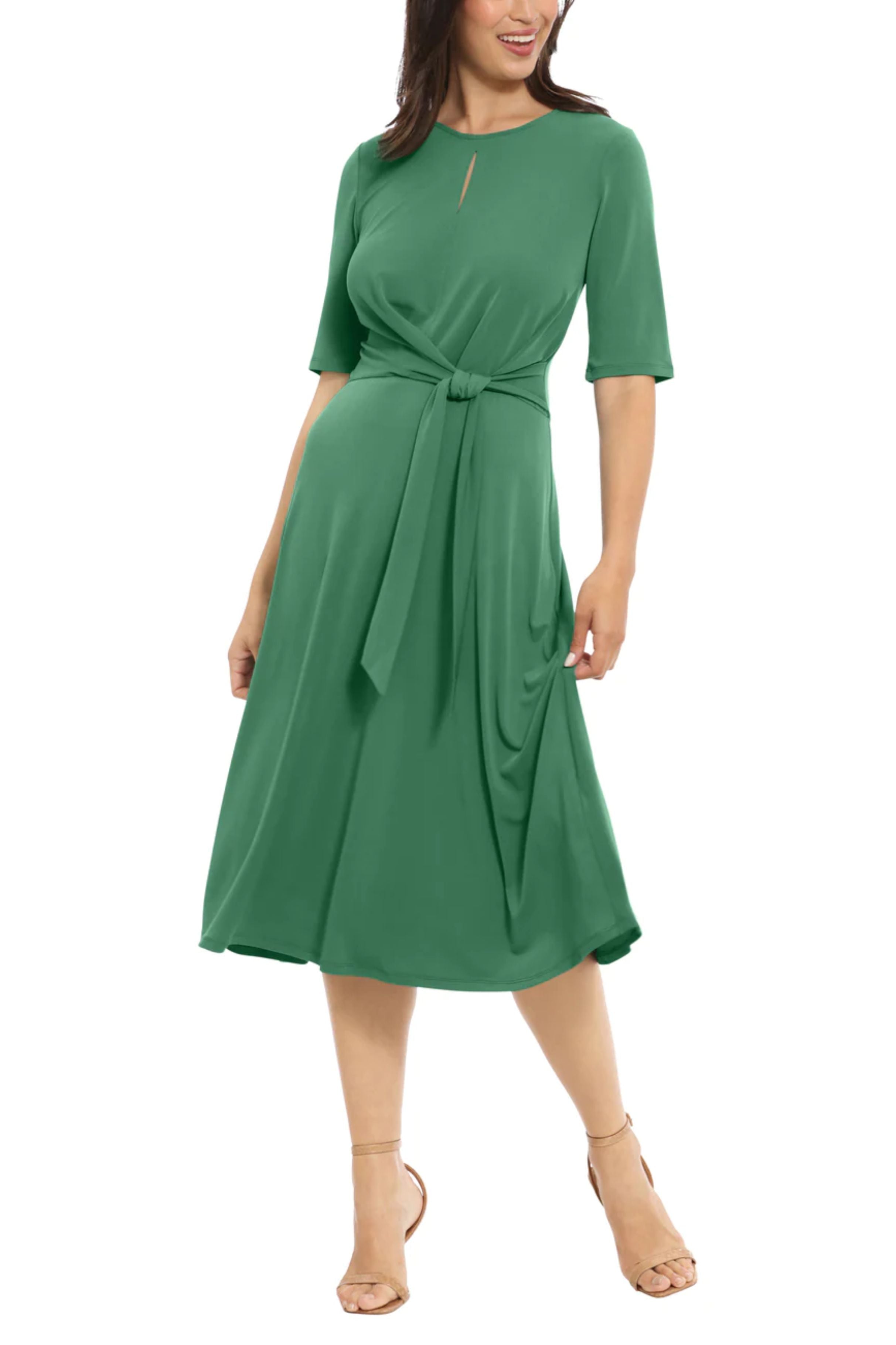 London Times T6029M Green Keyhole Detail A-Line Midi Dress with Round Neck, Jersey