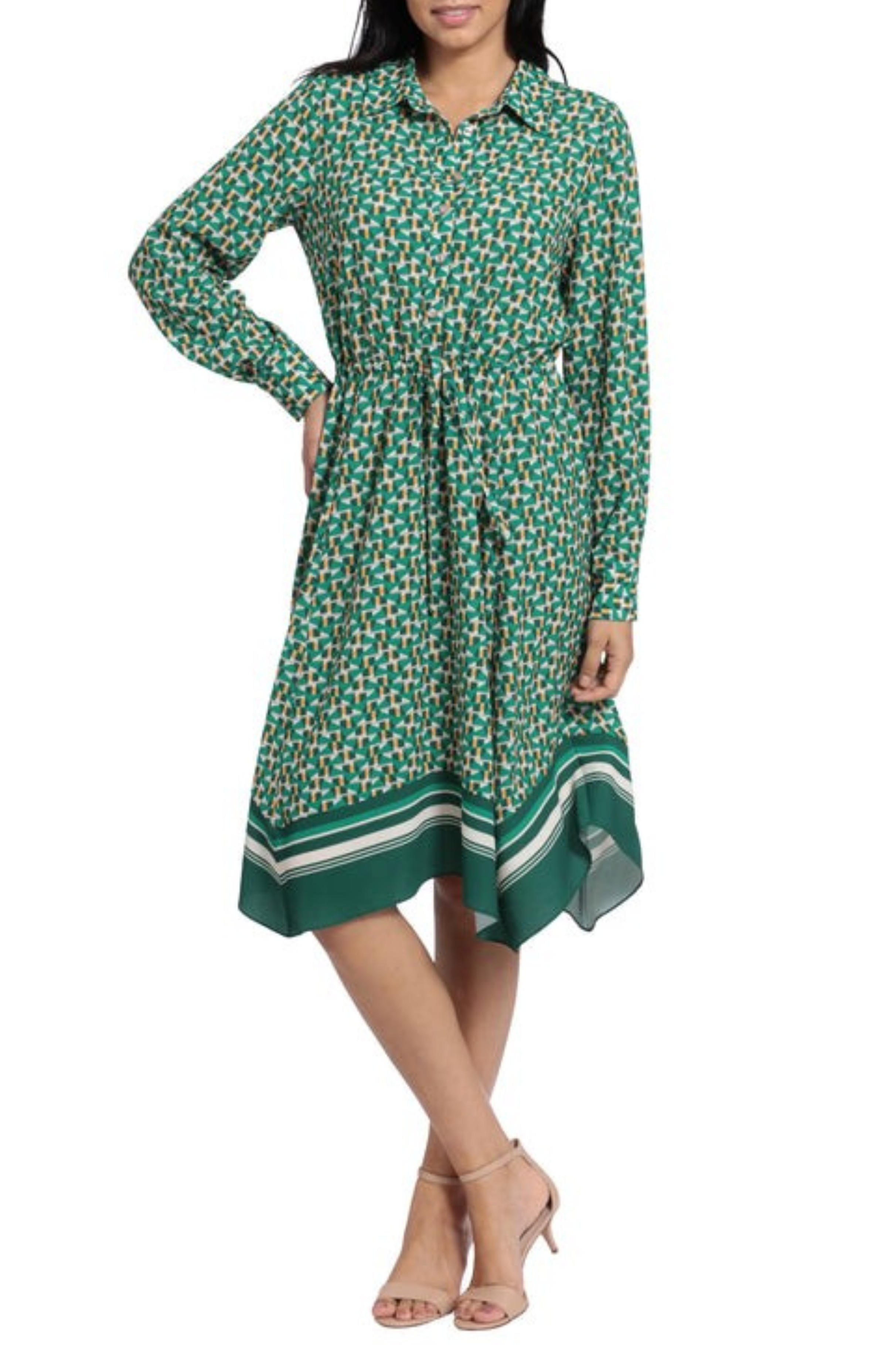 London Times T6031M Botanical Garden Gre Multi Print Button Up Collared Midi Dress with Collared Neck, Bubble Crepe