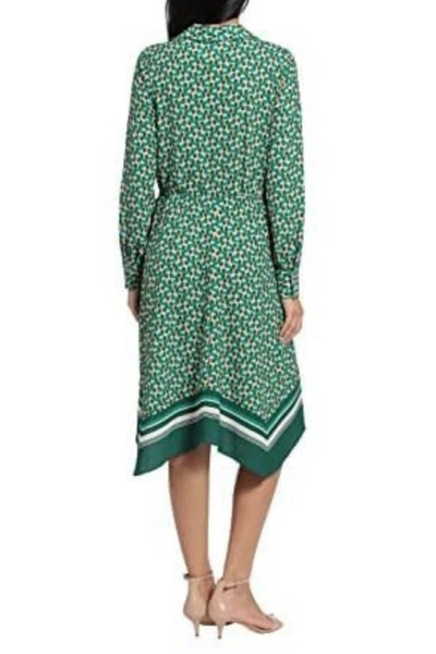 London Times T6031M Botanical Garden Gre Multi Print Button Up Collared Midi Dress with Collared Neck, Bubble Crepe