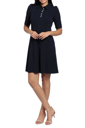 London Times T6063M Twilight Navy Collared Crew Neck Pearl Button A-Line Dress