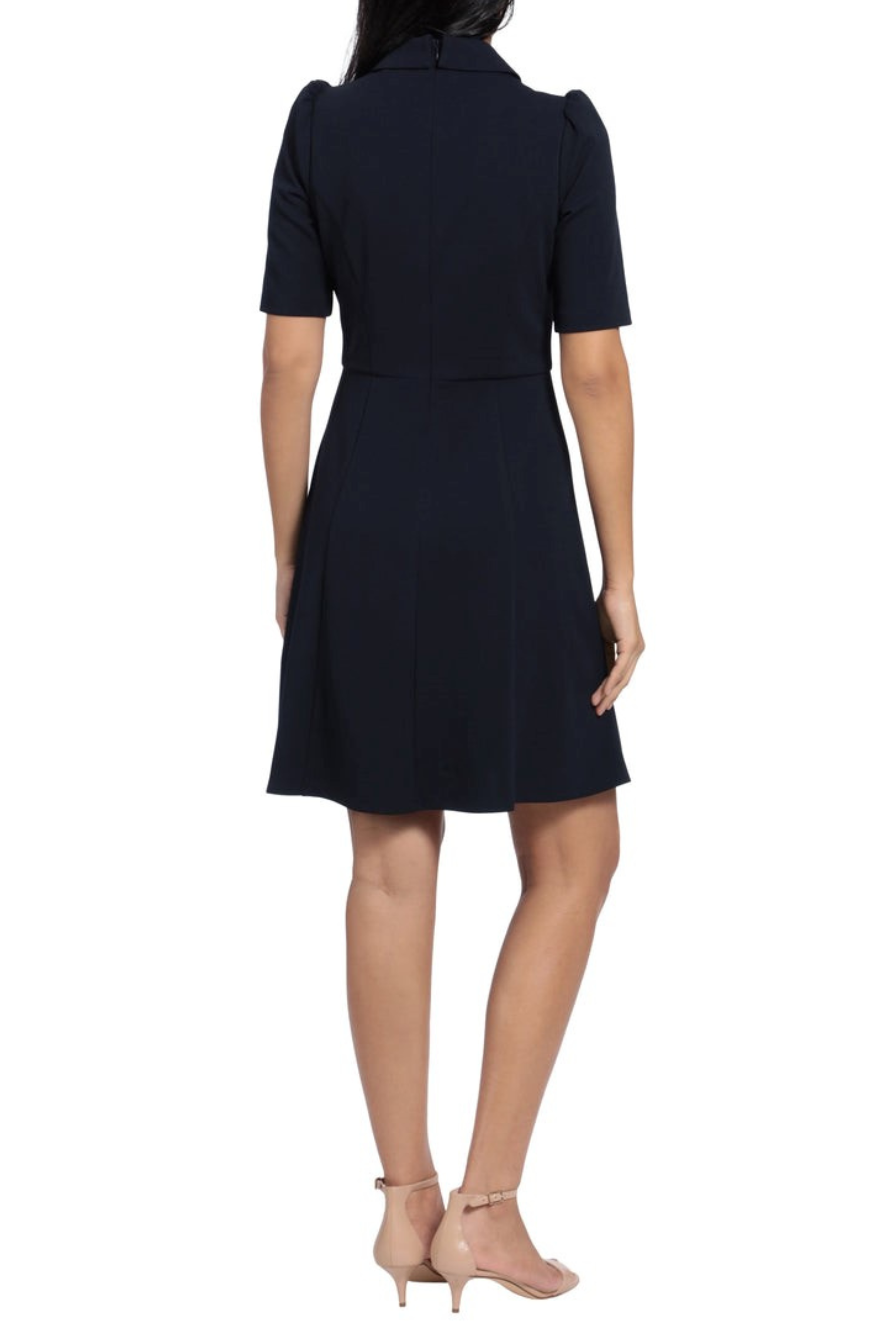 London Times T6063M Twilight Navy Collared Crew Neck Pearl Button A-Line Dress