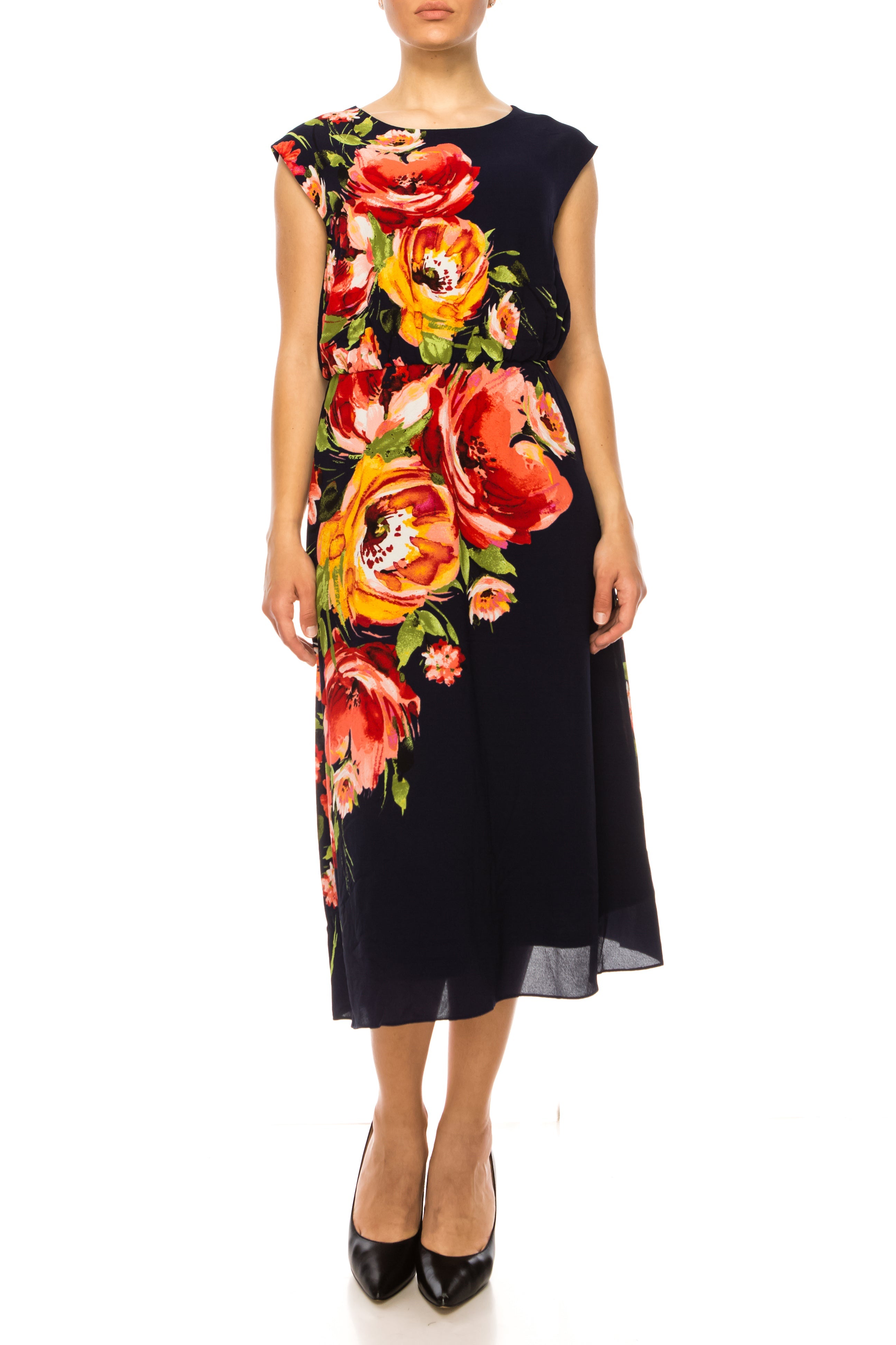 London Times T6088M NAVY Coral Floral Print A-Line Midi Dress with NAVY Coral / 8