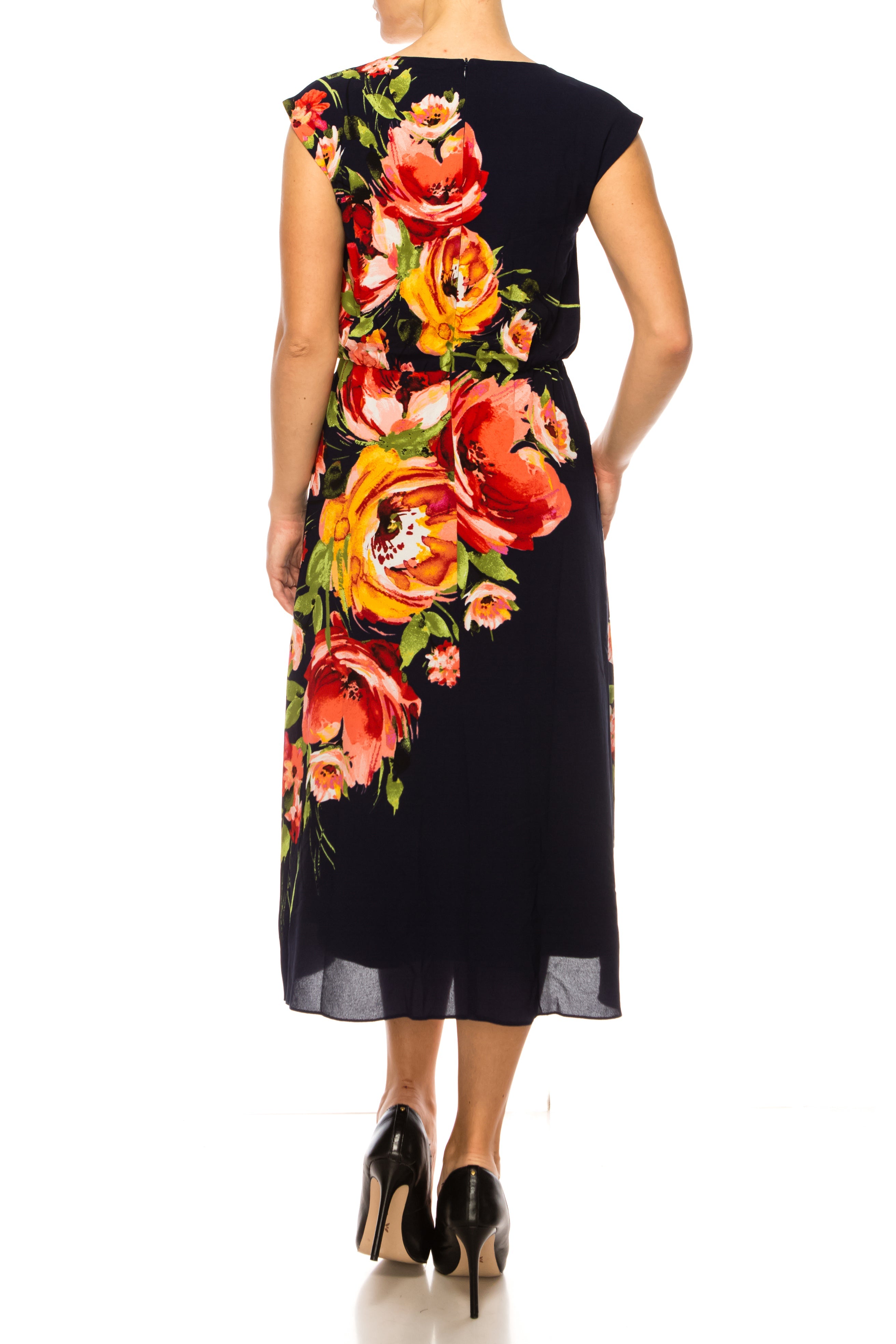 London Times T6088M Navy Coral Floral Print A-Line Midi Dress with Boat Neck, Cap Sleeve, Bubble Crepe