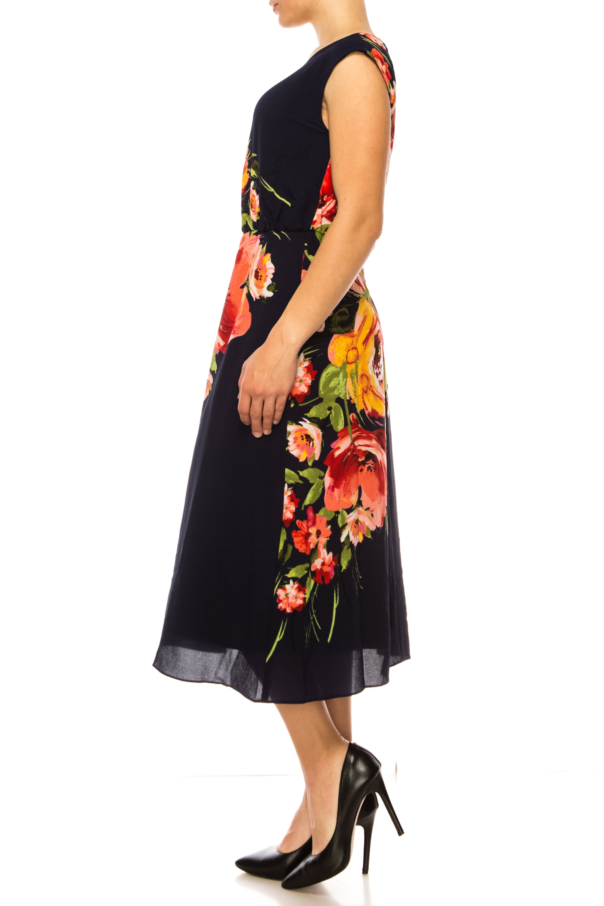 London Times T6088M Navy Coral Floral Print A-Line Midi Dress with Boat Neck, Cap Sleeve, Bubble Crepe