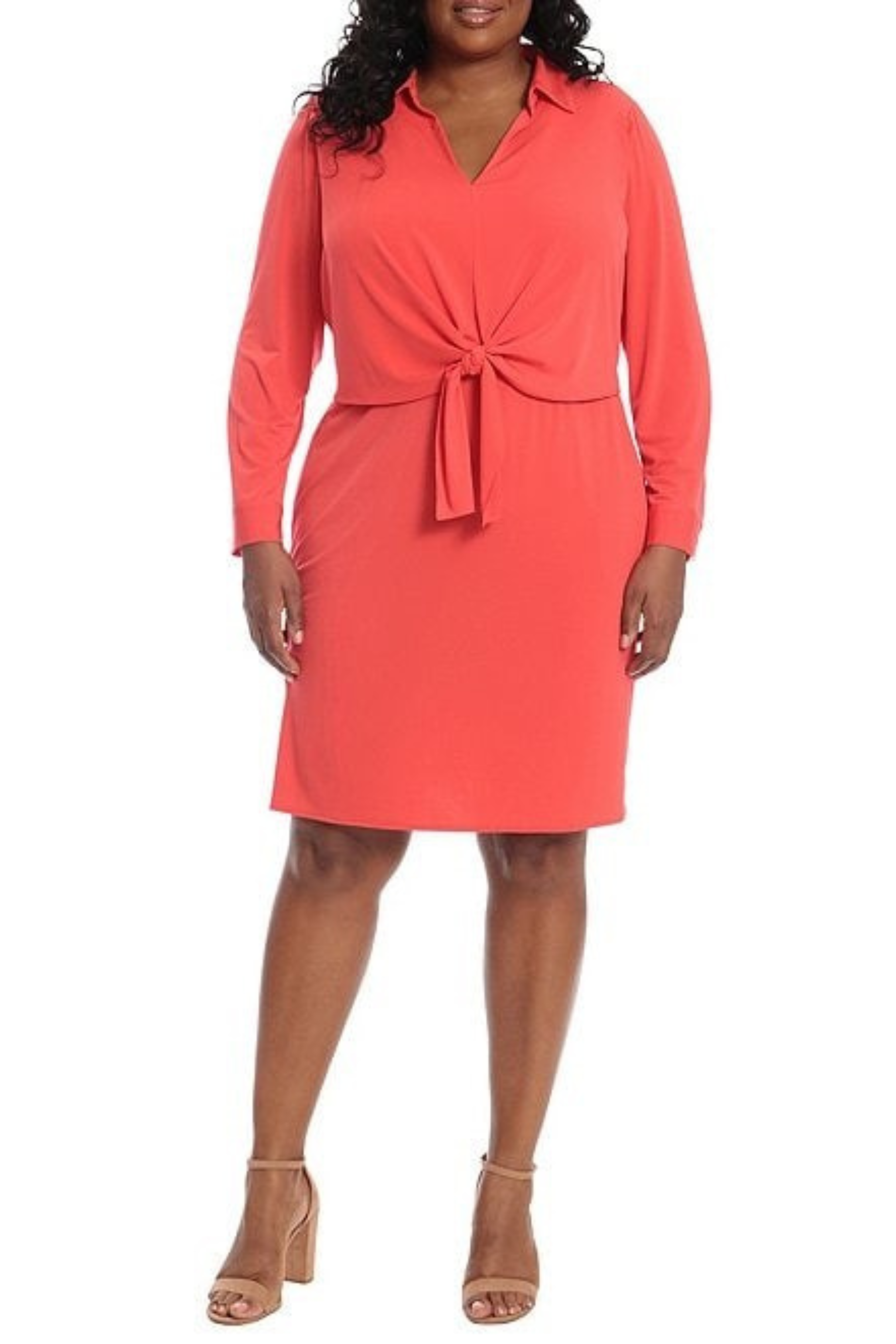 London Times T6171M Coral Collared Front Tie Short Dress with Collared Neck, Jersey, Side Pockets