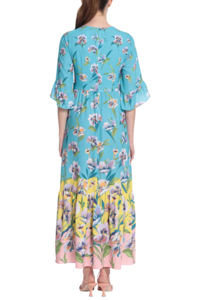 London Times T6206M Aqua Yellow 3/4 Sleeve Floral Print Maxi Dress with V-Neck, Ruffled Detail