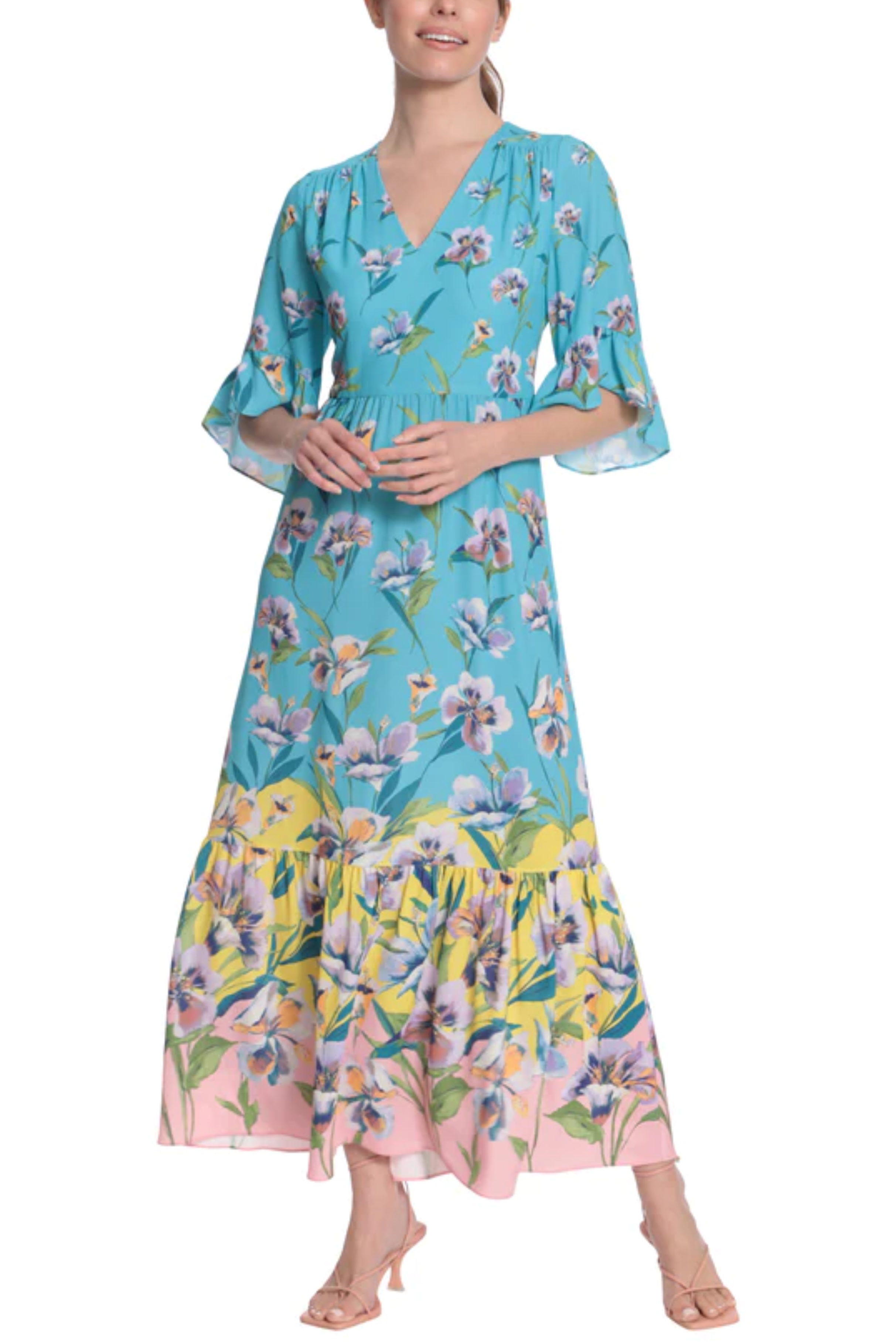 London Times T6206M Aqua Yellow 3/4 Sleeve Floral Print Maxi Dress with V-Neck, Ruffled Detail