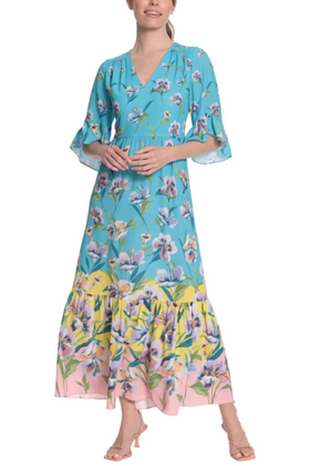 London Times T6206M Aqua Yellow 3/4 Sleeve Floral Print Maxi Dress with V-Neck, Ruffled Detail