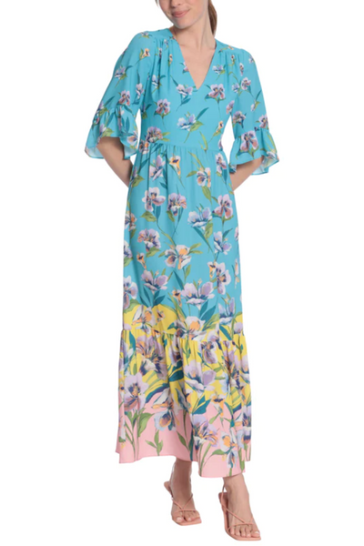 London Times T6206M Aqua Yellow 3/4 Sleeve Floral Print Maxi Dress with V-Neck, Ruffled Detail