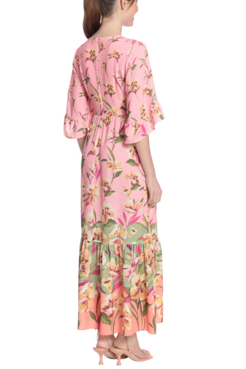 London Times T6206M Pink Green 3/4 Sleeve Floral Print Maxi Dress with V-Neck, Ruffled Detail