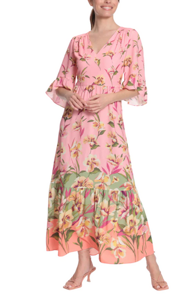 London Times T6206M Pink Green 3/4 Sleeve Floral Print Maxi Dress with V-Neck, Ruffled Detail