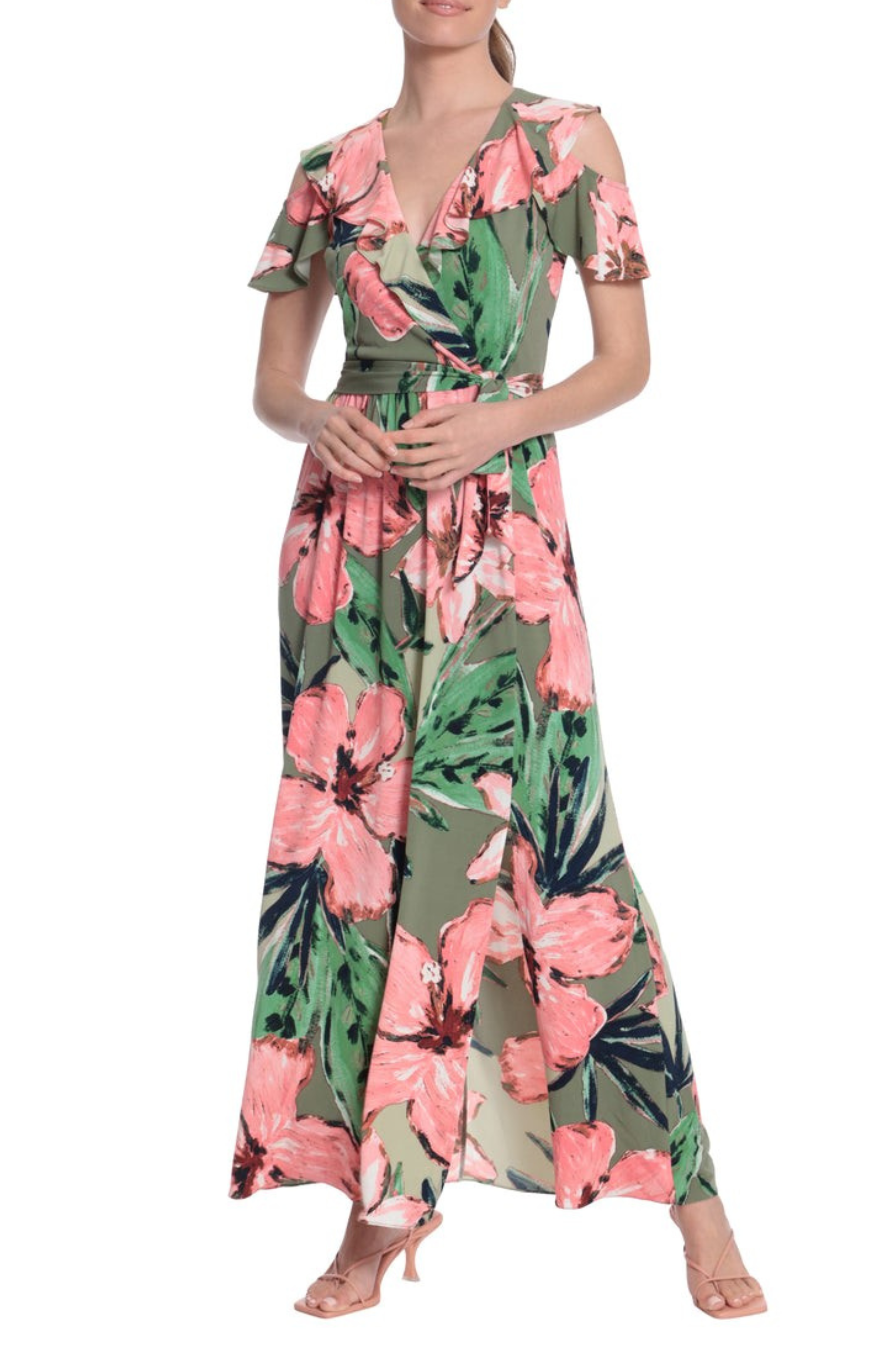 London Times T6230M Green Coral Floral Print Ruffle Cold Shoulder Front Slit Maxi Dress