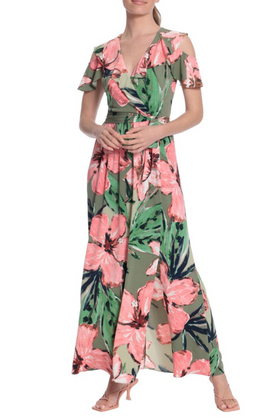 London Times T6230M Green Coral Floral Print Ruffle Cold Shoulder Front Slit Maxi Dress