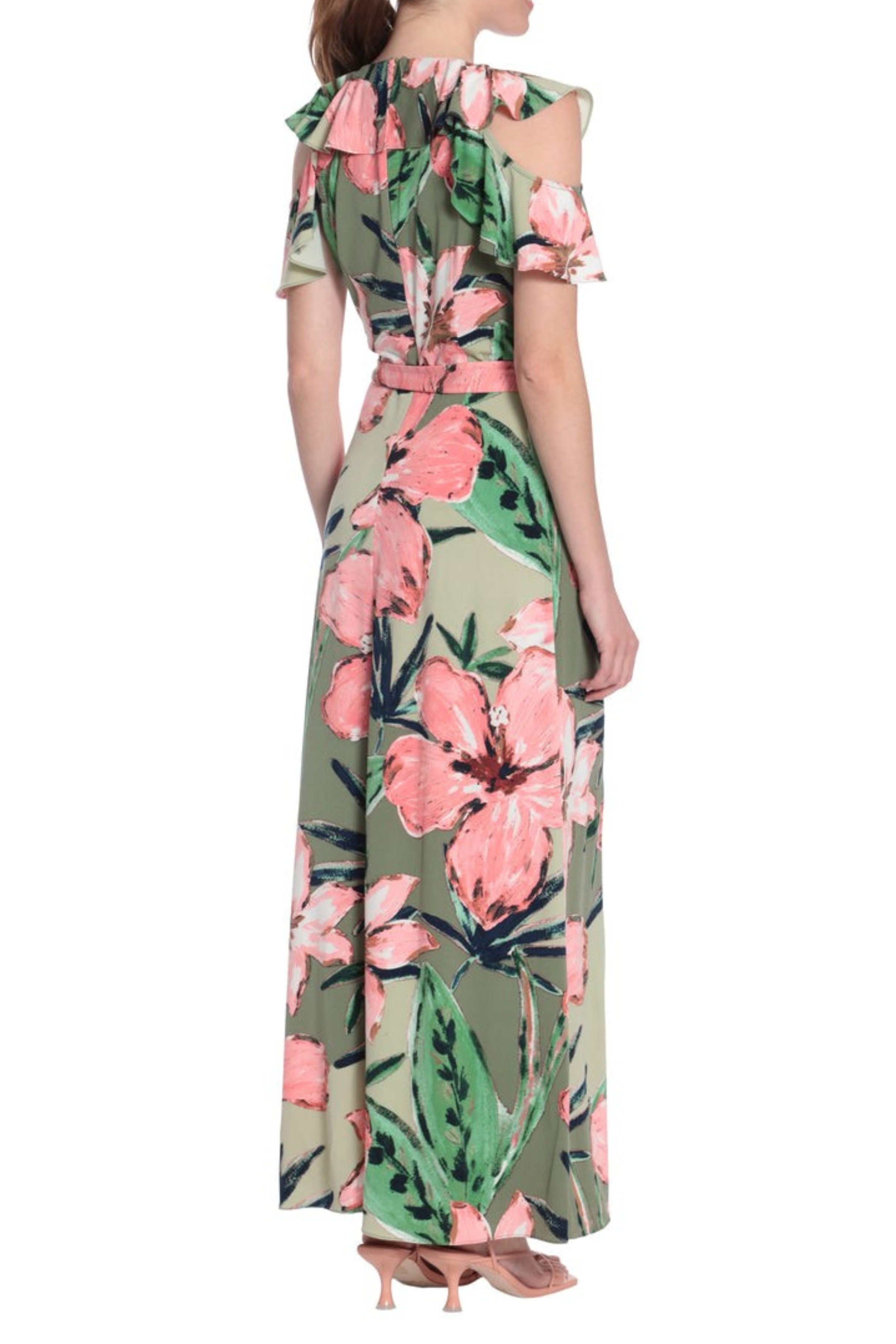London Times T6230M Green Coral Floral Print Ruffle Cold Shoulder Front Slit Maxi Dress