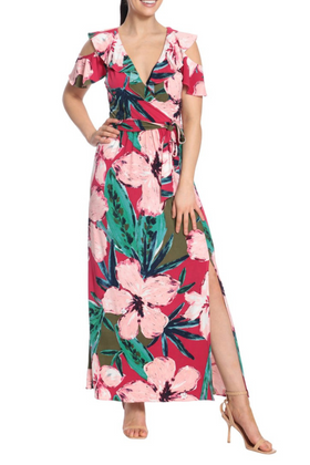 London Times T6230M Red Pink Floral Print Ruffle Cold Shoulder Front Slit Maxi Dress
