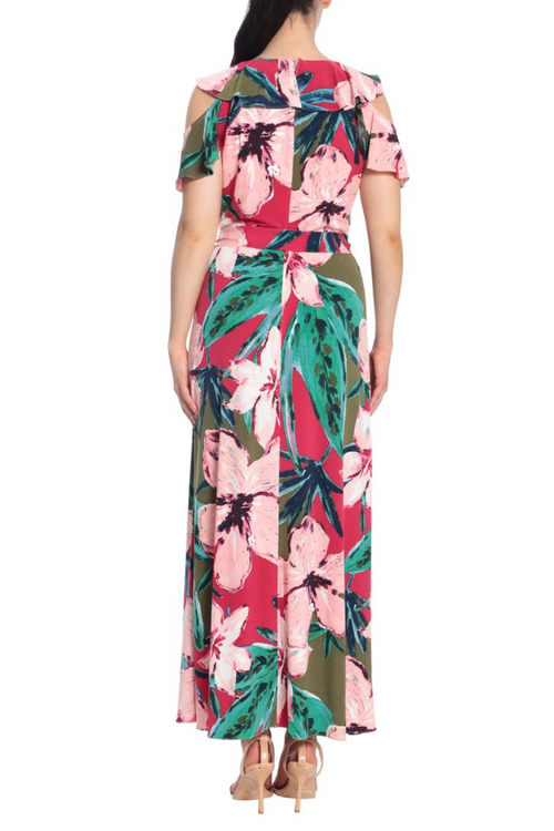 London Times T6230M Red Pink Floral Print Ruffle Cold Shoulder Front Slit Maxi Dress
