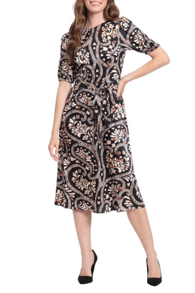 London Times T6371M Black Tan Print Puff Sleeve A-Line Midi Dress