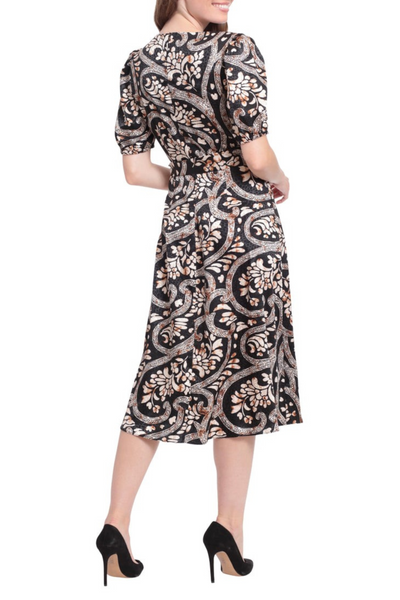 London Times T6371M Black Tan Print Puff Sleeve A-Line Midi Dress